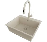 PRIMAGRAN Lavandino da Cucina Beige 58x50cm, Lavello in Granito a 1 vasca + Rubinetto 40x20cm + Sifone Classico, Lavabo Incasso al mobile 60cm - Riga