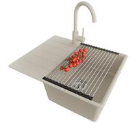 PRIMAGRAN Lavandino da Cucina Beige 62x50cm, Lavello in Granito a 1 vasca + Rubinetto 32x20cm + Set di accessori, Lavabo Incasso al mobile 45cm - Copenhagen