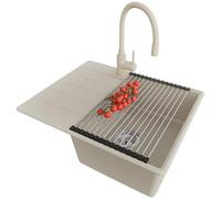 PRIMAGRAN Lavandino da Cucina Beige 62x50cm, Lavello in Granito a 1 vasca + Rubinetto 38x14cm + Set di accessori, Lavabo Incasso al mobile 45cm - Copenhagen