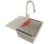 PRIMAGRAN Lavandino da Cucina Beige 62x50cm, Lavello in Granito a 1 vasca + Rubinetto 40x20cm + Set di accessori, Lavabo Incasso al mobile 45cm - Copenhagen