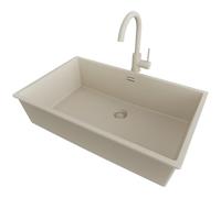 PRIMAGRAN Lavandino da Cucina Beige 76x47cm, Lavello in Granito a 1 vasca + Rubinetto 32x20cm + Sifone Classico, Lavabo Incasso al mobile 80cm - London Slim
