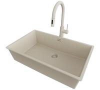 PRIMAGRAN Lavandino da Cucina Beige 76x47cm, Lavello in Granito a 1 vasca + Rubinetto 40x20cm + Sifone Classico, Lavabo Incasso al mobile 80cm - London Slim