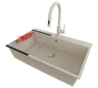 PRIMAGRAN Lavandino da Cucina Beige 78x50cm, Lavello in Granito a 1 vasca + Rubinetto 40x20cm + Set di accessori, Lavabo Incasso al mobile 80cm - Riga