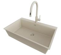 PRIMAGRAN Lavandino da Cucina Beige 78x50cm, Lavello in Granito a 1 vasca + Rubinetto 40x20cm + Sifone Classico, Lavabo Incasso al mobile 80cm - Oslo