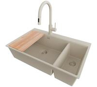 PRIMAGRAN Lavandino da Cucina Beige 78x50cm, Lavello in Granito a 2 vasche + Rubinetto 40x20cm + Set di accessori, Lavabo Incasso al mobile 80cm - Oslo Duo