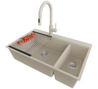 PRIMAGRAN Lavandino da Cucina Beige 78x50cm, Lavello in Granito a 2 vasche + Rubinetto 40x20cm + Set di accessori, Lavabo Incasso al mobile 80cm - Oslo Duo