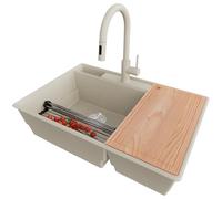 PRIMAGRAN Lavandino da Cucina Beige 78x53cm, Lavello in Granito a 2 vasche + Rubinetto 40x20cm + Set di accessori, Lavabo Incasso al mobile 80cm - Parigi
