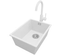 PRIMAGRAN Lavandino da Cucina Bianco 36x47cm, Lavello in Granito a 1 vasca + Rubinetto 32x20cm + Sifone Classico, Lavabo Incasso al mobile 40cm - London Slim S011