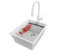 PRIMAGRAN Lavandino da Cucina Bianco 36x47cm, Lavello in Granito a 1 vasca + Rubinetto 38x14cm + Set di accessori, Lavabo Incasso al mobile 40cm - Prague Slim