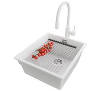 PRIMAGRAN Lavandino da Cucina Bianco 41x47cm, Lavello in Granito a 1 vasca + Rubinetto 38x14cm + Set di accessori, Lavabo Incasso al mobile 45cm - Prague Slim