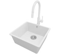 PRIMAGRAN Lavandino da Cucina Bianco 46x44cm, Lavello in Granito a 1 vasca + Rubinetto 40x20cm + Sifone Classico, Lavabo Incasso al mobile 50cm - Venezia Slim Easy S033