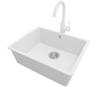 PRIMAGRAN Lavandino da Cucina Bianco 56x44cm, Lavello in Granito a 1 vasca + Rubinetto 32x20cm + Sifone Classico, Lavabo Incasso al mobile 60cm - Venezia Slim Easy S047