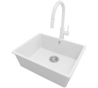 PRIMAGRAN Lavandino da Cucina Bianco 56x44cm, Lavello in Granito a 1 vasca + Rubinetto 40x20cm + Sifone Classico, Lavabo Incasso al mobile 60cm - Venezia Slim Easy S051