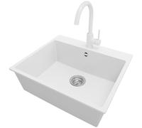 PRIMAGRAN Lavandino da Cucina Bianco 58x50cm, Lavello in Granito a 1 vasca + Rubinetto 32x20cm + Set di accessori, Lavabo da Cucina Incasso al Mobile 60cm - Riga S317