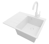 PRIMAGRAN Lavandino da Cucina Bianco 62x50cm, Lavello da Cucina a 1 vasca + Rubinetto 32x20cm + Sifone Classico, Lavabo da Cucina Incasso al mobile 40cm - Sydney