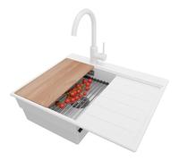 PRIMAGRAN Lavandino da Cucina Bianco 62x50cm, Lavello da Cucina a 1 vasca + Rubinetto 32x20cm + Sifone Classico + Accessori, Lavabo da Cucina Incasso al mobile 40cm - Sydney