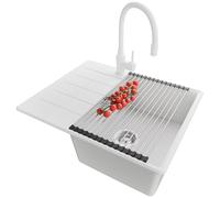 PRIMAGRAN Lavandino da Cucina Bianco 62x50cm, Lavello in Granito a 1 vasca + Rubinetto 38x14cm + Set di accessori, Lavabo Incasso al mobile 45cm - Copenhagen