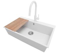 PRIMAGRAN Lavandino da Cucina Bianco 78x50cm, Lavello in Granito a 1 vasca + Rubinetto 40x20cm + Set di accessori, Lavabo Incasso al mobile 80cm - Riga S255