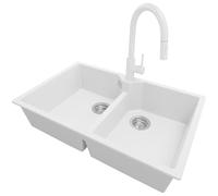 PRIMAGRAN Lavandino da Cucina Bianco 78x50cm, Lavello in Granito a 2 vasche + Rubinetto 40x20cm + Sifone Classico, Lavabo Incasso al mobile 80cm - Madrid Twin S015