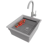 PRIMAGRAN Lavandino da Cucina Grigio 41x47cm, Lavello in Granito a 1 vasca + Rubinetto 32x20cm + Set di accessori, Lavabo Incasso al mobile 45cm - Prague Slim