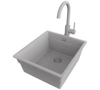 PRIMAGRAN Lavandino da Cucina Grigio 41x47cm, Lavello in Granito a 1 vasca + Rubinetto 32x20cm + Sifone Classico, Lavabo Incasso al mobile 45cm - Prague Slim