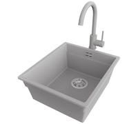 PRIMAGRAN Lavandino da Cucina Grigio 41x47cm, Lavello in Granito a 1 vasca + Rubinetto 32x20cm + Sifone Classico, Lavabo Incasso al mobile 45cm - Prague Slim