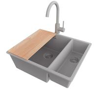 PRIMAGRAN Lavandino da Cucina Grigio 56x47cm, Lavello in Granito a 1,5 vasche + Rubinetto 32x20cm + Set di accessori, Lavabo Incasso al mobile 60cm - London Slim Duo