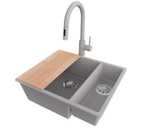 PRIMAGRAN Lavandino da Cucina Grigio 56x47cm, Lavello in Granito a 1,5 vasche + Rubinetto 40x20cm + Set di accessori, Lavabo Incasso al mobile 60cm - London Slim Duo