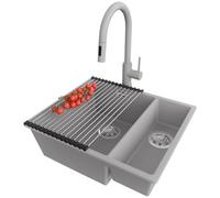 PRIMAGRAN Lavandino da Cucina Grigio 56x47cm, Lavello in Granito a 1,5 vasche + Rubinetto 40x20cm + Set di accessori, Lavabo Incasso al mobile 60cm - London Slim Duo