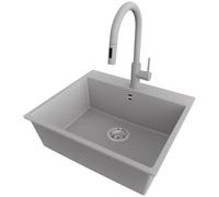 PRIMAGRAN Lavandino da Cucina Grigio 58x50cm, Lavello in Granito a 1 vasca + Rubinetto 40x20cm + Set di accessori, Lavabo da Cucina Incasso al Mobile 60cm - Riga S327