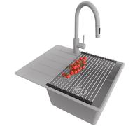 PRIMAGRAN Lavandino da Cucina Grigio 62x50cm, Lavello in Granito a 1 vasca + Rubinetto 40x20cm + Set di accessori, Lavabo Incasso al mobile 45cm - Copenhagen