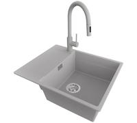 PRIMAGRAN Lavandino da Cucina Grigio 62x50cm, Lavello in Granito a 1 vasca + Rubinetto 40x20cm + Sifone Classico, Lavabo Incasso al mobile 50cm - San Francisco