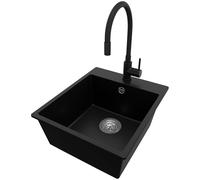 PRIMAGRAN Lavandino da Cucina Nero 43x50cm, Lavello in Granito a 1 vasca + Rubinetto 40x38cm + Set di accessori, Lavabo da Cucina Incasso al Mobile 45cm - Riga S151