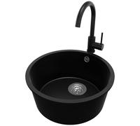 PRIMAGRAN Lavandino da Cucina Nero 46x46cm, Lavello in Granito a 1 vasca + Rubinetto 32x20cm + Set di accessori, Lavabo da Cucina Incasso al Mobile 50cm - La Valletta Slim S011