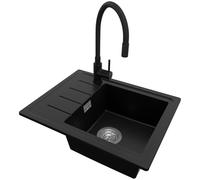 PRIMAGRAN Lavandino da Cucina Nero 55x44cm, Lavello in Granito a 1 vasca + Rubinetto 40x38cm + Sifone Classico, Lavabo Incasso al mobile 45cm - Copenhagen Easy S017