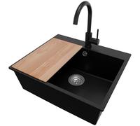 PRIMAGRAN Lavandino da Cucina Nero 58x50cm, Lavello in Granito a 1 vasca + Rubinetto 32x20cm + Set di accessori, Lavabo Incasso al mobile 60cm - Riga S198