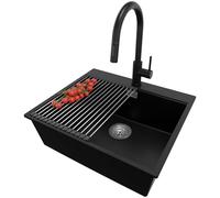 PRIMAGRAN Lavandino da Cucina Nero 58x50cm, Lavello in Granito a 1 vasca + Rubinetto 40x20cm + Set di accessori, Lavabo da Cucina Incasso al Mobile 60cm - Oslo Top S375