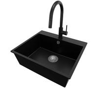 PRIMAGRAN Lavandino da Cucina Nero 58x50cm, Lavello in Granito a 1 vasca + Rubinetto 40x20cm + Sifone Classico, Lavabo Incasso al mobile 60cm - Riga S184