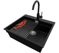 PRIMAGRAN Lavandino da Cucina Nero 58x53cm, Lavello in Granito a 1 vasca + Rubinetto 32x20cm + Set di accessori, Lavabo Incasso al mobile 60cm - Oslo Max S025