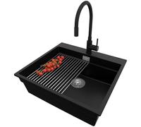PRIMAGRAN Lavandino da Cucina Nero 58x53cm, Lavello in Granito a 1 vasca + Rubinetto 40x38cm + Set di accessori, Lavabo da Cucina Incasso al Mobile 60cm - Oslo Max Level S169