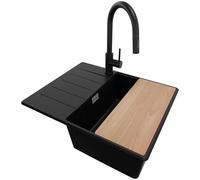 PRIMAGRAN Lavandino da Cucina Nero 62x50cm, Lavello da Cucina a 1 vasca + Rubinetto 40x20cm + Sifone Classico + Tagliere, Lavabo da Cucina Incasso al mobile 45cm - Copenhagen