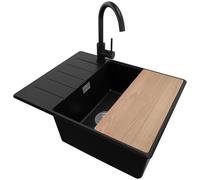 PRIMAGRAN Lavandino da Cucina Nero 62x50cm, Lavello in Granito a 1 vasca + Rubinetto 32x20cm + Set di accessori, Lavabo Incasso al mobile 50cm - Copenhagen S078
