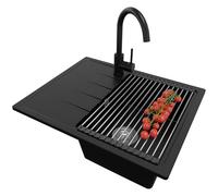 PRIMAGRAN Lavandino da Cucina Nero 62x50cm, Lavello in Granito a 1 vasca + Rubinetto 32x20cm + Set di accessori, Lavabo Incasso al mobile 40cm - Milano S073