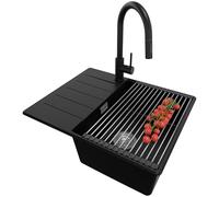 PRIMAGRAN Lavandino da Cucina Nero 62x50cm, Lavello in Granito a 1 vasca + Rubinetto 40x20cm + Set di accessori, Lavabo Incasso al mobile 45cm - Copenhagen S203