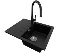 PRIMAGRAN Lavandino da Cucina Nero 62x50cm, Lavello in Granito a 1 vasca + Rubinetto 40x20cm + Set di accessori, Lavabo da Cucina Incasso al Mobile 40cm - Milano S015