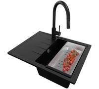 PRIMAGRAN Lavandino da Cucina Nero 62x50cm, Lavello in Granito a 1 vasca + Rubinetto 40x20cm + Sifone Classico, Lavabo Incasso al mobile 40cm - Milano S090