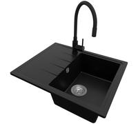 PRIMAGRAN Lavandino da Cucina Nero 62x50cm, Lavello in Granito a 1 vasca + Rubinetto 40x38cm + Set di accessori, Lavabo da Cucina Incasso al Mobile 40cm - Milano S021