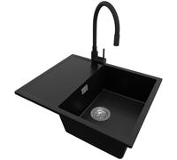 PRIMAGRAN Lavandino da Cucina Nero 62x50cm, Lavello in Granito a 1 vasca + Rubinetto 40x38cm + Sifone Classico, Lavabo Incasso al mobile 45cm - Ibiza S017