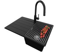 PRIMAGRAN Lavandino da Cucina Nero 70x50cm, Lavello in Granito a 1 vasca + Rubinetto 40x20cm + Set di accessori, Lavabo Incasso al mobile 40cm - Copenhagen S343