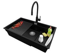 PRIMAGRAN Lavandino da Cucina Nero 76x47cm, Lavello in Granito a 1 vasca + Rubinetto 40x38cm + Set di accessori, Lavabo Incasso al mobile 80cm - Prague Slim S385